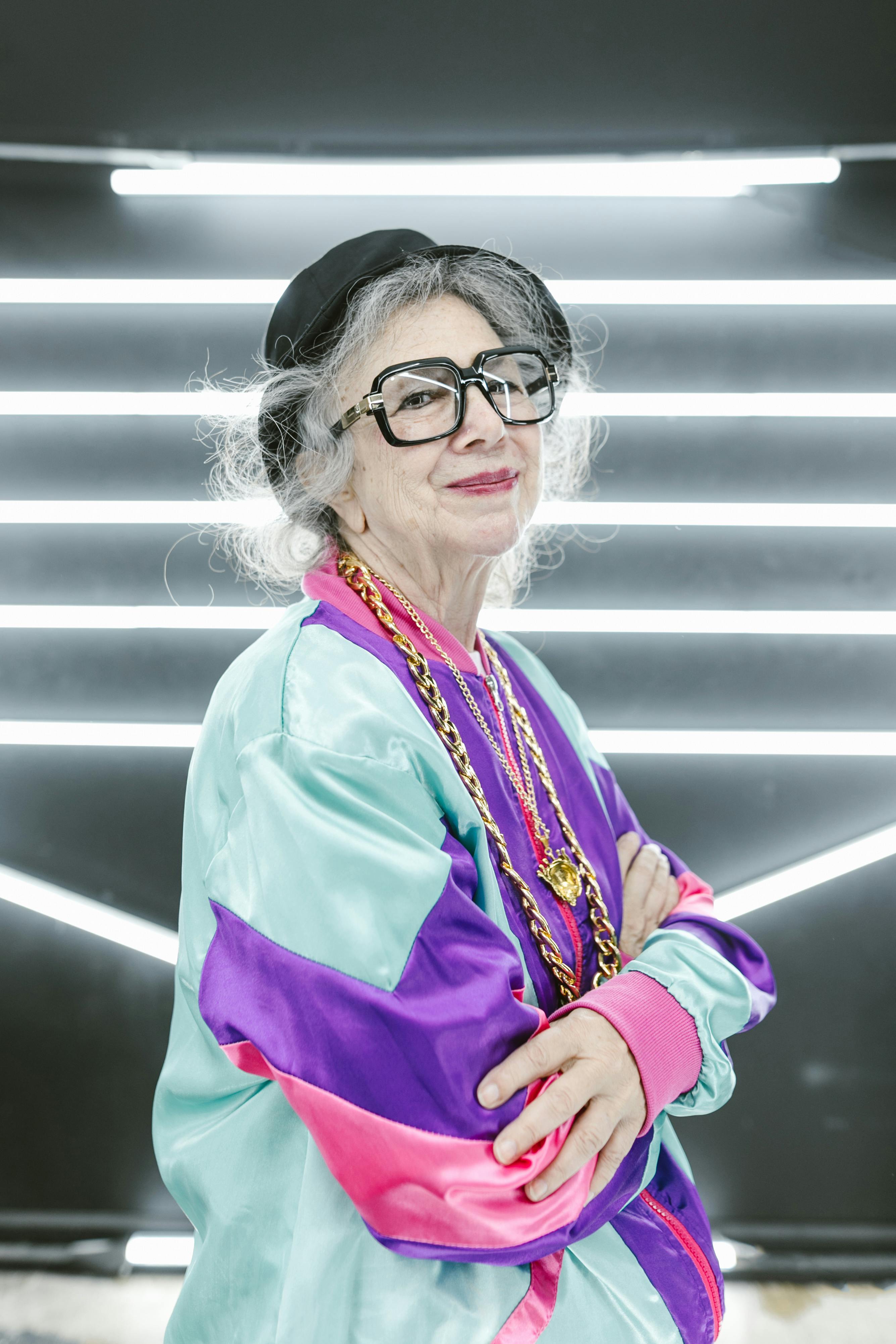 Image of an older woman dressing in a fun style with accessories 